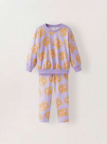 THE HAPPY LOOK 年轻女孩 2 件套可爱面包印花圆领落肩长袖运动衫和紧身裤套装，紫色 - 紫色 - 查看 1