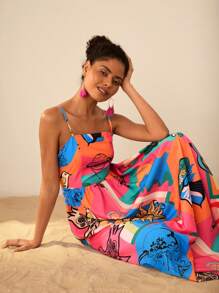 Travachic 女士度假图案无袖防晒脸印花连衣裙 - 粉色 - 查看 5