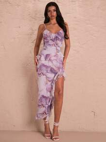 SHEIN BAE 女式夏季假期大理石纹网眼印花高开叉荷叶边下摆吊带连衣裙 - 淡紫色 - 查看 7