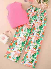 SHEIN 女孩色彩缤纷的假日服装，粉色吊带背心搭配热带印花阔腿裤，非常适合海滩度假 - 粉色 - 查看 2