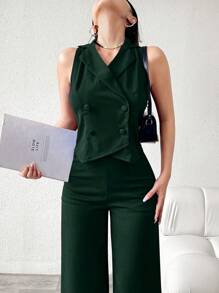 Modelyn 女士纯色前扣无袖简约上衣和裤子套装 - 墨綠色 - 查看 8