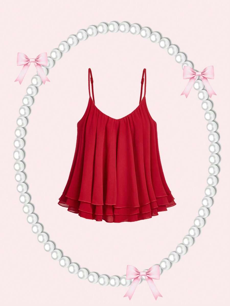 SHEIN MOD 女士夏季甜美红色褶皱荷叶边吊带背心上衣、夏季短款上衣、外出上衣、酒红色上衣、露背上衣、荷叶边上衣、波西米亚风女装、红色上衣 - 酒紅色 - 查看 1
