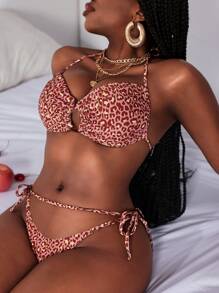 Slaydiva Women's Halter Neck Tied Back Leopard Print Bikini Top & Bottom Casual Swimwear Set For Summer Beach Vacation - Multicolor - View 1
