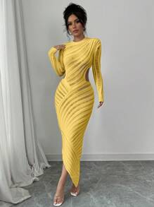 Rafferiza Women Solid Crew Neck Long Sleeve Slim Fit Yellow Sweater Dress Fall Winter Cloth For Women - Yellow - View 1