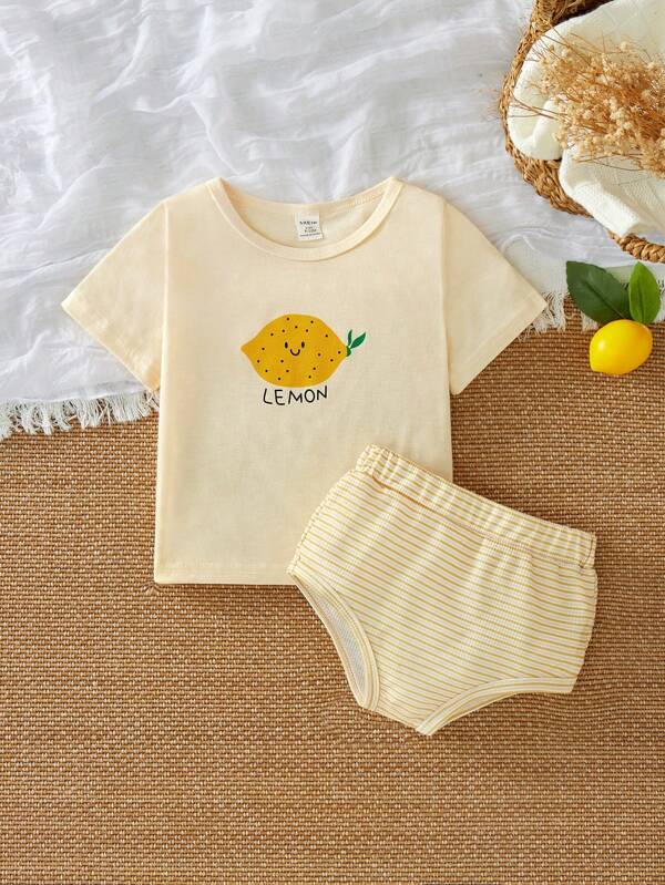 Vintaside Kids Set de 2 piezas para bebé niño con Top de tirantes con estampado de limón (albaricoque) + pantalones cortos a rayas marrones