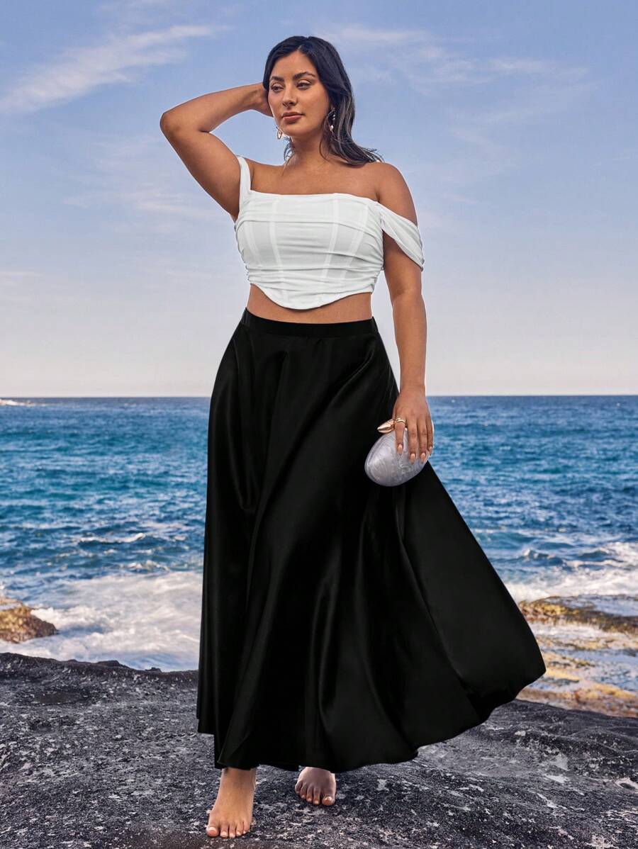 SHEIN VCAY 大码女式波西米亚风法式优雅缎面垂褶裙，时尚喇叭裙，派对和节日服装，适合夏季 - 黑色 - 查看 1