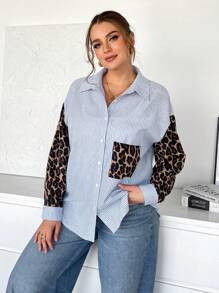 SHEIN Essnce Lässig gestreiftes Hemd für Damen in Große Größen, Leopard Muster Langarm-Oberteil