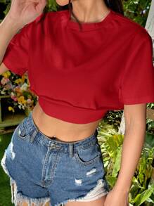 SHEIN EZwear Camiseta corta de manga corta con cuello redondo de unicolor para mujer - Rojo - Ver 6