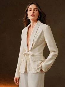Anewsta Women's Design Lace Panel Tie Front Blazer Jacket, Modesty Clothes - White - View 7