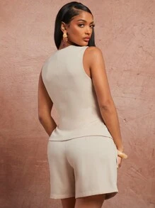 SHEIN SXY Spring/Summer Date Valentine's Day Elegant Holiday Light Khaki Woven Flax Square Collar Front Center Cardigan Sleeveless Suit Waistcoat With Cross Strap Waist Design On The Side In Fall/Winter - Apricot - View 2