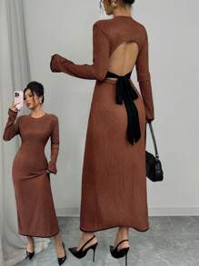 SHEIN Unity Women's Elegant Long Sleeve Dress,Black And White Open Back With Bowknot,Fishtail Hem Fitted Silhouette,Autumn Dinner Date Textured Jacquard Fabric - Coffee Brown - View 1