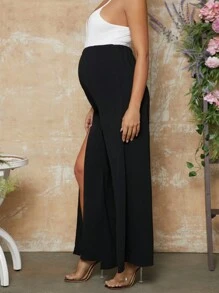 MaterniChic Pantaloni premaman a vita regolabile, a gamba larga, con spacchi laterali, di colore unito - nero - Visualizzare 4