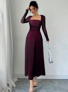 Firerie 女士红黑方领长袖荷叶边收腰连衣裙，适合春夏秋季，适合日常通勤、度假、茶会、婚礼嘉宾 - 紅色和黑色 - 查看 5