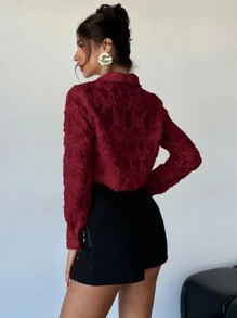 SHEIN Privé 大码女式优雅 V 领蕾丝边修身长袖衬衫，杏色通勤衬衫 - 紅色 - 查看 2