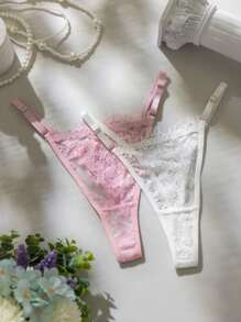 2pcs/Set Women's Lace Trim Minimal Casual Spaghetti Strap Camisole Lingerie Set
