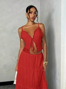 SHEIN BAE 女士夏季假期浪漫约会休闲蕾丝吊带背心上衣 + 低腰褶皱 A 字长裙套装，白色亚麻面料 - 紅色 - 查看 5