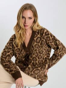 RueChic Chaqueta Cárdigan de manga larga con botones y estampado de leopardo de corte holgado para mujeres, otoño/invierno - Marrón - Ver 7