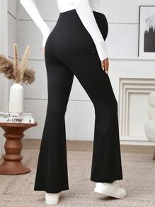 Modmama 2pcs Maternity High Waist Flared Pants, Solid Color Adjustable Waistband Pregnancy Trousers