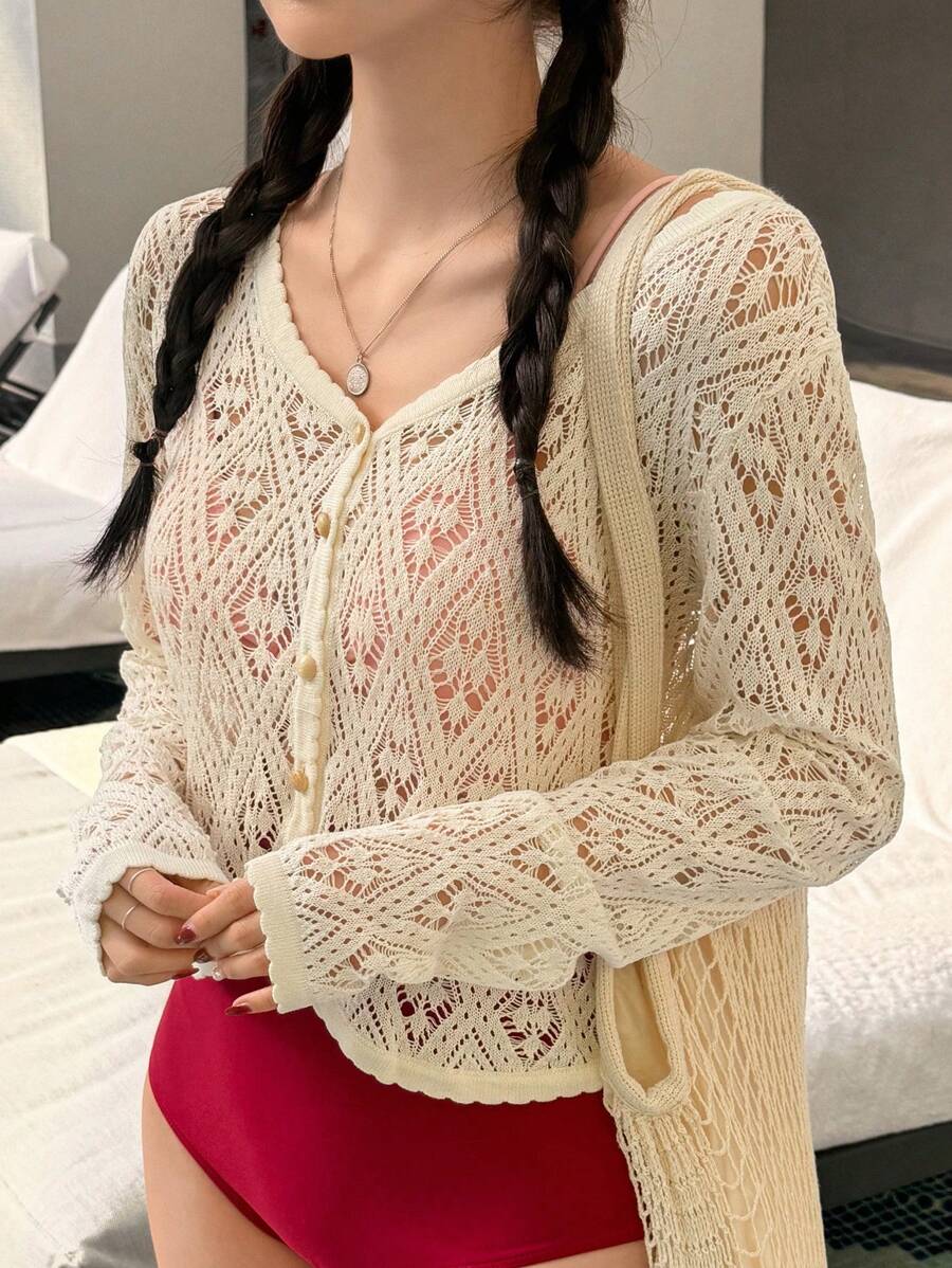 DAZY Women's Solid Color Long Sleeve Single Breasted Cropped Knitted Semi-Sheer Cardigan,Fall Women Clothes - White - View 1