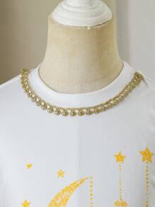 年轻女孩金色花朵 Abaya Kaftan Jalabiya 斋月斋月年轻女孩原住民服装，玫瑰与花朵印花长裙，带荷叶边领口和下摆，舒适针织，搭配荷叶边分层裙两件套 - 彩色 - 查看 5