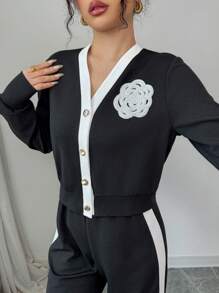 Set de 2 piezas de top y pantalones casuales de unicolor con mangas largas para mujeres - Blanco y Negro - Ver 6