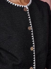 COSMINA 2pcs/Set Women Old Money Print Contrast Trim Long Sleeve Jacket & Skirt - Black and White - View 7