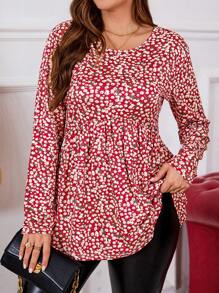 EMERY ROSE Tee-shirt manches longues à volants à imprimé floral fantaisie pour grande taille, vêtements pour le Nouvel An, vêtements pour soirée, vêtements pour la Saint-Valentin