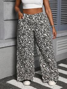 SHEIN SXY Plus Size Women's Jeans Leopard Print Loose Straight Pants Cotto Leopard Print Jeans Jeans Womenvalentine Day Pants Women Summer Baggy Jeans Y2k Baggy Jeans Women