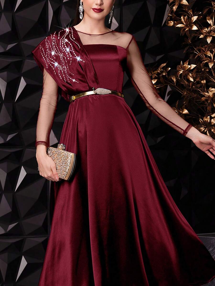 Modelyn Women's Shiny Rhinestone Mesh Splicing Satin Dress,Elegant Evening Party Maxi Dress - Burgundy - View 1
