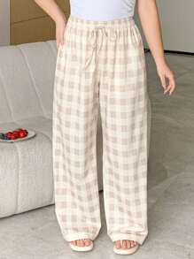 Dazy Petite Plus Plaid Elastic Waist Loose Casual Pajama Pants, Khaki, All Season - Khaki - View 3