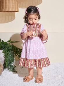 SHEIN Babygirl 花卉印花无袖夏季休闲连衣裙 - 粉色 - 查看 7