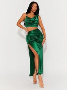 SHEIN SXY Spring And Summer New Year Wedding Season Elegant Romantic Valentine Day Dating Essentials Green Satin Asymmetrical Swing Neck Halter Short Vest Top And High Waist Pleated High Slit Long Skirt Two-Piece Set - Green - View 5