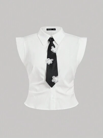 SHEIN MOD 大码夏季白色衬衫配领带，返校办公装，外出上衣，单身女郎，狂欢节，工作