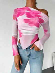 Firerie Camiseta de manga larga con hombros abiertos, bajo asimétrico y estampado floral elegante, para primavera/verano, Día de San Valentín - Rosa Fucsia - Ver 5