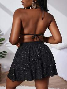 Slaydiva Contrast Sequin Halter Top And Ruffle Hem Skirt Women's Bikini Swimwear Set , For Summer Beach Vacation - Black - View 2