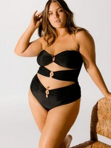 Aralina Elegant Curve Black Three-Ring Gold Trim Cutout One Piece With Swim Bag For Summer Beach Vacation - Black - View 5