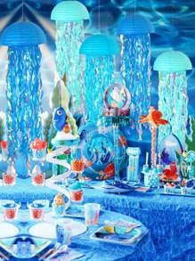 SHEIN 3 piezas de linternas de papel con forma de medusa colgantes de color azul, linternas de papel de colores degradados para fiesta con tema de sirena, decoraciones de cumpleaños de océano submarino, guirnalda para ducha de sirena, decoraciones de fiesta, cintas colgantes azules coloridas para cumpleaños, bautizo, boda, decoraciones de pared, adornos