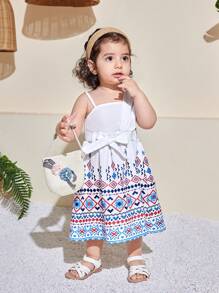 SHEIN Baby Girls Summer Cute Geometric Pattern Strap Sundress - White - View 7