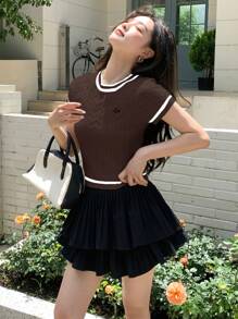 DAZY 女士拼色圆领短袖休闲上衣，简约设计，适合日常穿着，秋季服装