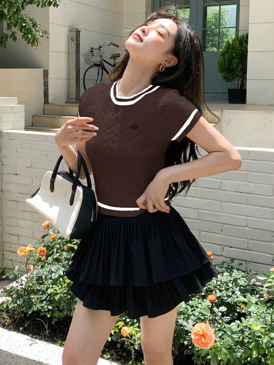 DAZY 女士拼色圆领短袖休闲上衣，简约设计，适合日常穿着，秋季服装