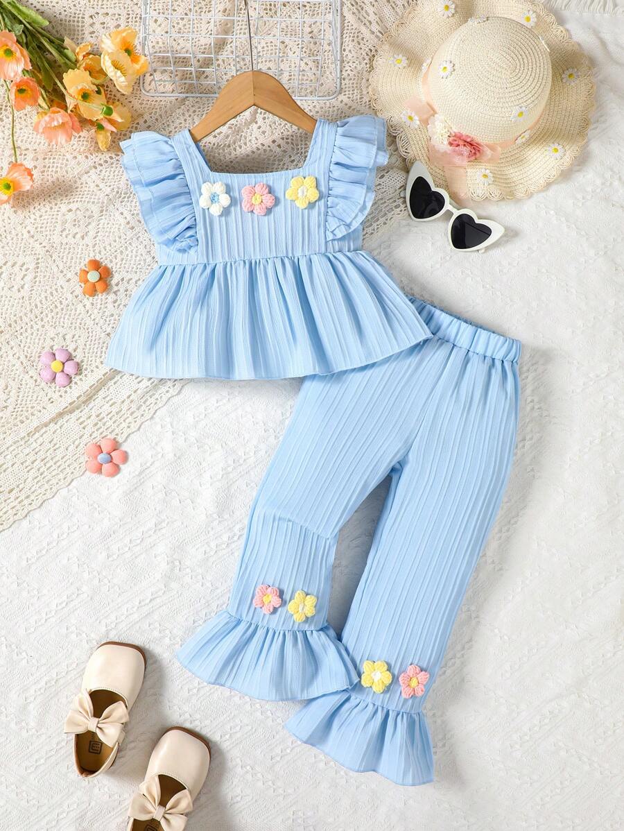 2pcs/Set Young Girls Girhood Core 3D Floral Print Outfit, Includes Sleeveless Ruffle Trim Vest Top And Matching Flared Pants, Casual & Comfortable For Toddler/Young Girls