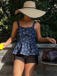 DAZY 女士花卉印花牛仔吊带背心 - 中等水洗藍 - 查看 3