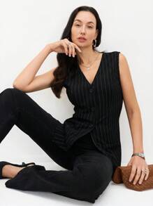 EMERY ROSE Women's Black Base Striped Print Fitted Vest Jacket, Casual Daily Wear, Spring/Summer - Multicolor - View 5