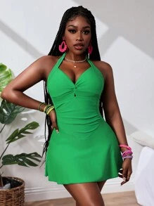 Slaydiva 1 Stück Damen Grün Romantisch Rüschensaum Twist Vorderes Badeanzug, Sexy für Urlaub, für Sommer Strandurlaub