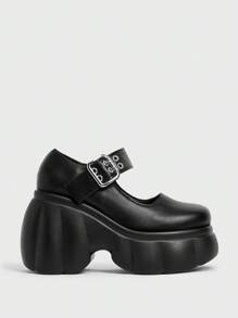 Sugerpunk Women's Dark Punk Rock Party Closed Toe Thick Platform Y2K Goth Shoes, Mary Jane Small Leather Slip-On Wedges Spring Shoes Spring Break Easter