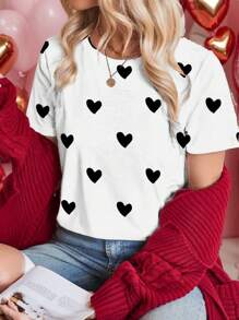 SHEIN LUNE Camiseta suelta de mujer de manga corta con cuello redondo, gráfico simple de corazón en blanco y negro, para el Día de San Valentín