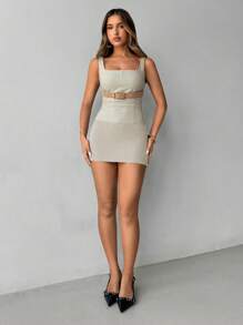 Aloruh 女式卡其色人造皮革性感修身背心，秋冬新品 - 卡其色 - 查看 7