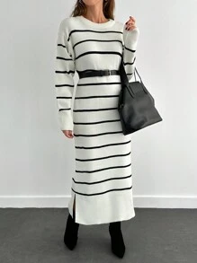 EURMUSE Women Striped Round Neck Dropped Shoulder Long Sleeve Casual Sweater Dress, Autumn/Winter - White - View 4