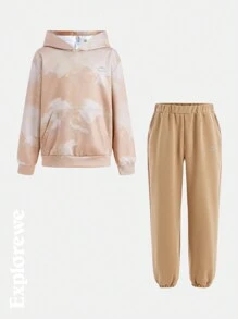 SHEIN 2 件装 Tween 男童口袋印花休闲连帽衫和裤子套装 - 橘色 - 查看 1