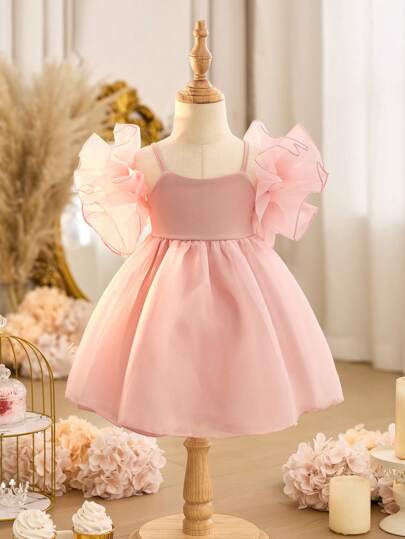 SHEIN 女婴 Fern Glow 可爱粉色针织和欧根纱荷叶边下摆吊带连衣裙，夏季